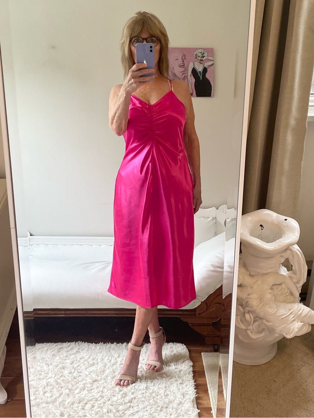 A NEW DAY VIBRANT HOT PINK SLIP DRESS SPAGHETTI STRAPS RUCHING SATINY OPEN FIT